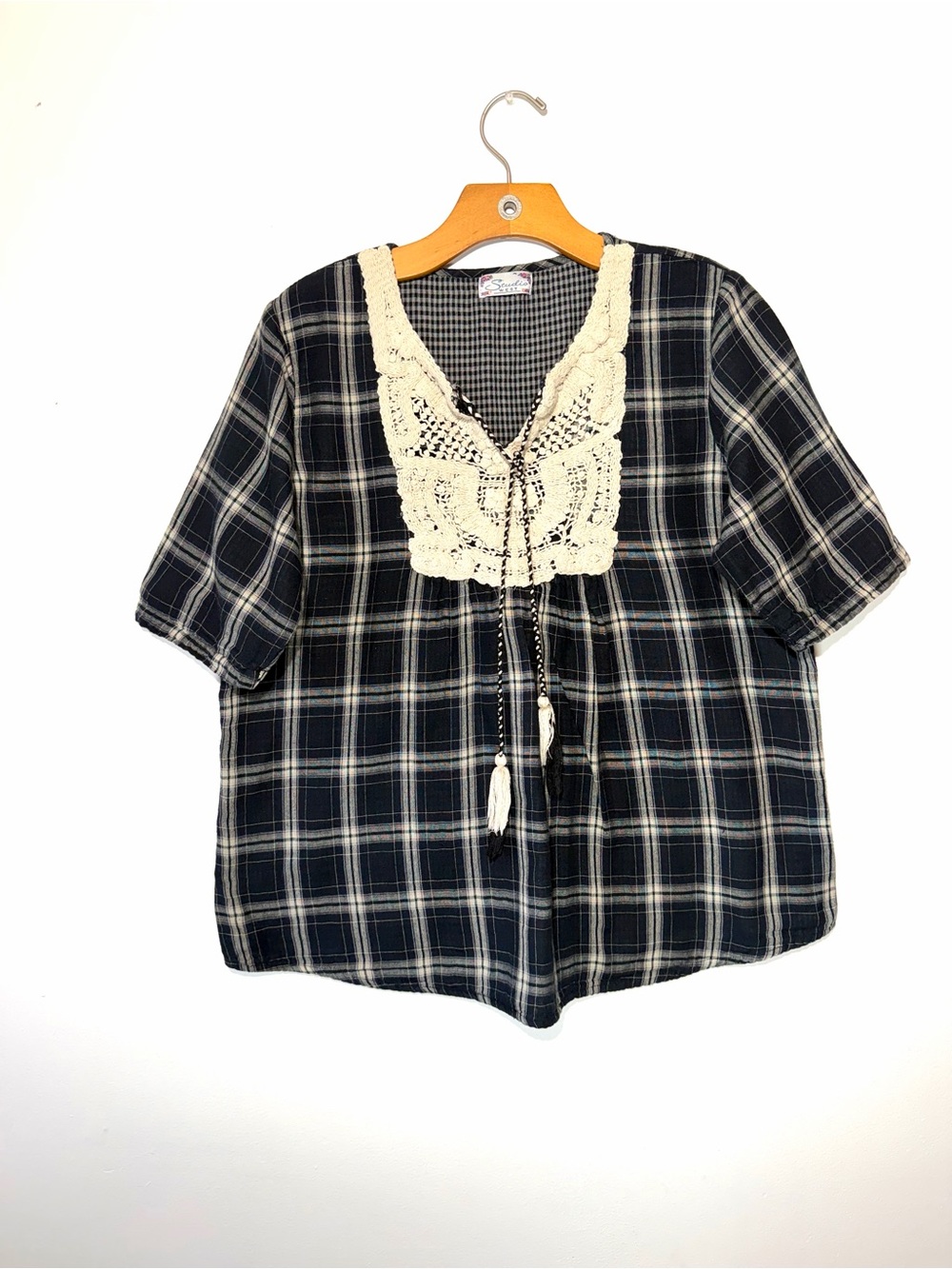 Studio West Plaid Crochet Lace Rayon Top